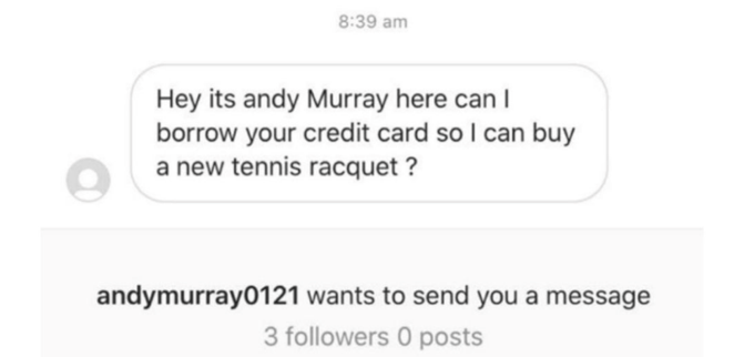 Scam Instagram message from someone claiming to be Andy Murray
