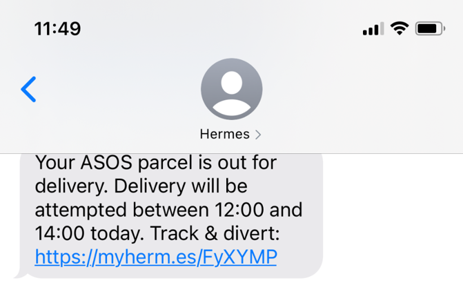 Legitimate text message from Hermes about an ASOS delivery