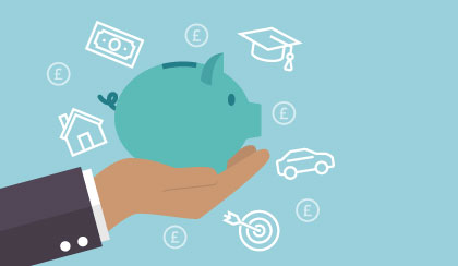 Piggy bank with graphics of university, car and house to show what you can save for