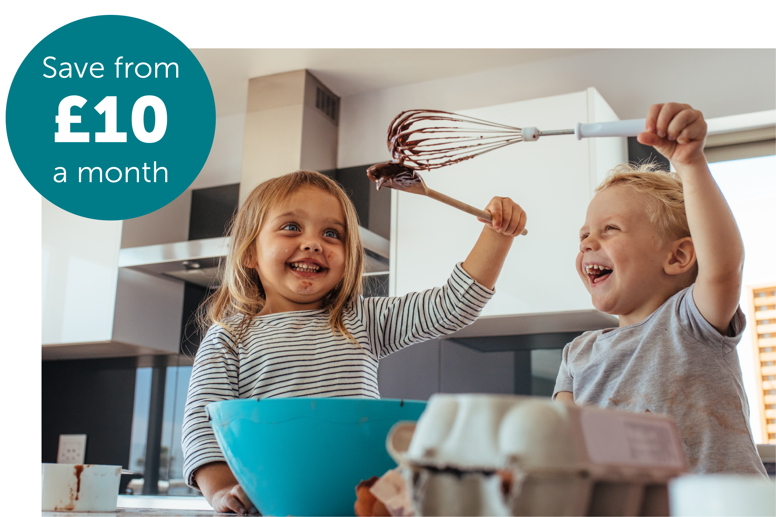 happy children baking, start saving from £10 a month